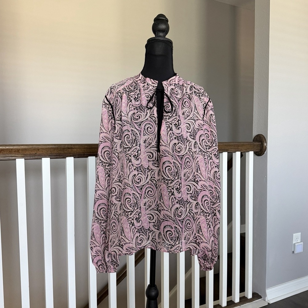 Maje Paisley Metallic Tie Front Puff‎ Sleeve Blouse Top Sz 3 US 8 Medium Boho